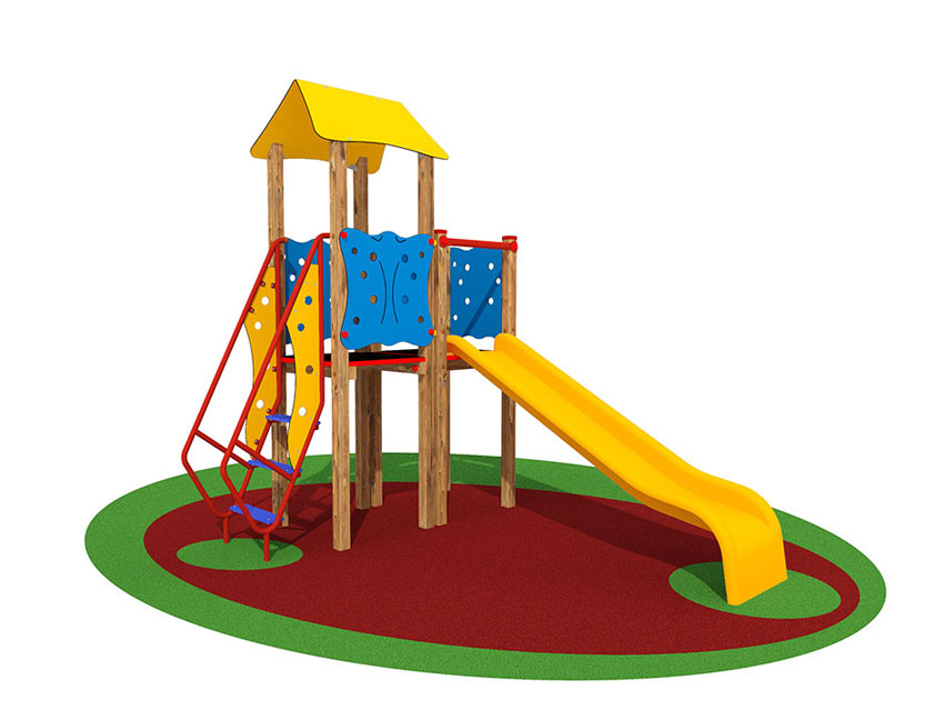 Torretta gioco esagonale in legno per parco giochi con scivolo a tunnel ,  pertica e scala di risalita - cm 500x330x415h - Torret